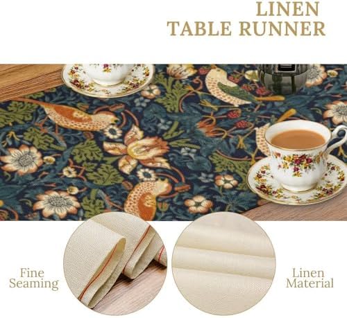 William Morris Strawberry Thief Floral Botanical Art Table Runner Vintage Flowers Table Runner for Dining Table Decor 13 x 108 Inch