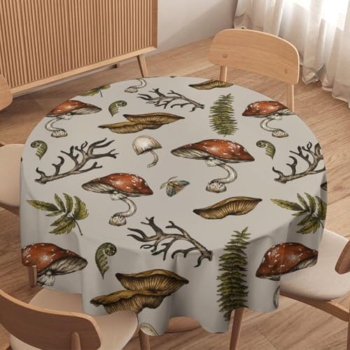 Vintage Woodland Mushroom Tablecloth, Nature Forest Plants Botanical Ferns Print Table Cloth for Farmhouse Kitchen Party Picnic Dinner Decor, 36x36in