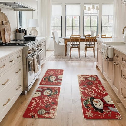 Artoid Mode Snowman Let It Snow Snowflake Christmas Kitchen Mats Set of 3, Winter Home Decor Low-Profile Kitchen Rugs for Floor - 17"x29"+17"x36"+17"x47"
