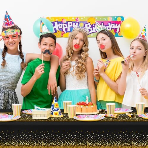 CXPSINC 54 Inch X 100 Feet Plastic Table Cover Roll Disposable Tablecloth with Slide Cutter for All Type/Shape Tables | Party, Banquet, Birthdays, Weddings(Black Golden Dot, 100 Feet)