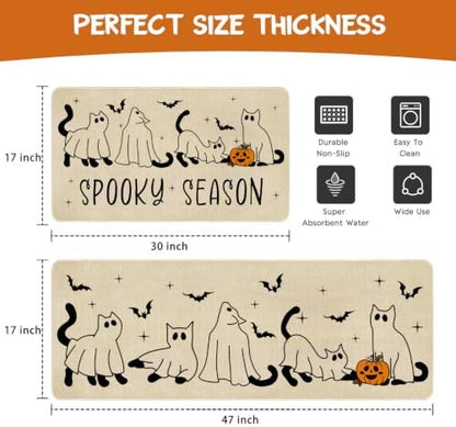 Ghost Black Cat Halloween Kitchen Rugs and Mats Set of 2, (17"x47"+17"x30") Gothic Cute Spooky Season Pumpkin Trick Or Treat Non Skid Washable Runner Rugs for Home Decor Decorations and Accessories