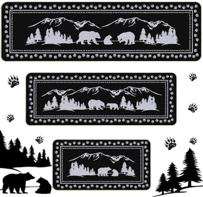 Pickmesh Set of 3 Kitchen Mats Cabin Bear Rugs Woodland Nursery Mat Decor Rustic Lodge Theme Area Rug with Bear and Cub Mountain Scene Cabin Carpet for Home Bathroom (Classic Style)