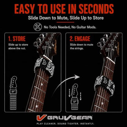 Gruv Gear Fret Wrap & Guitar Mute, Fretwrap for Acoustic, Electric & Bass | String Dampener Recording, Tapping & Practice Accessory (1 Pack, Small Bandana Black, Fits 4 String Bass, 6 String Guitar)