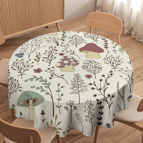 Mushroom Tablecloth, Boho Floral Rustic Wildflower Herbs Plants Colorful Botanical Green Leaves Print Table Cloth for Kitchen Dining Picnic Party Restaurant Decoration, 36x36in