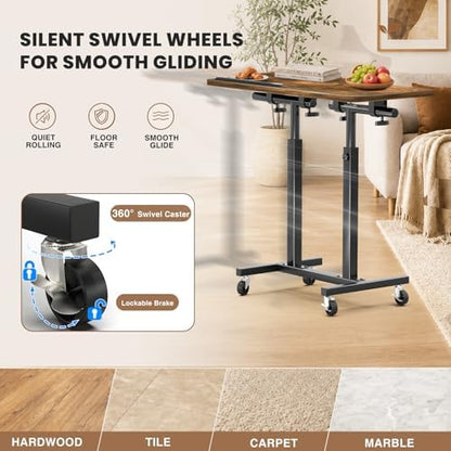 Elowen Rolling Laptop Desk with Wheels, Double-Pole Portable Overbed Table