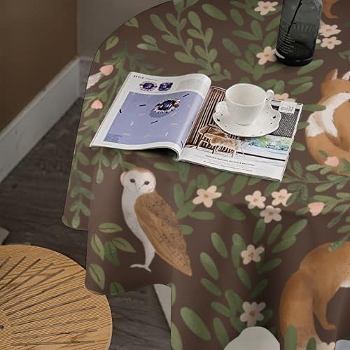 Woodland Animals Tablecloth, Rustic Forest Fox Owl Bird Green Plants Leaves Print Table Cover for Farmhouse Kitchen Dinning Indoor Outdoor Party Decor, 50x50in
