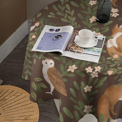 Woodland Animals Tablecloth, Rustic Forest Fox Owl Bird Green Plants Leaves Print Table Cover for Farmhouse Kitchen Dinning Indoor Outdoor Party Decor, 50x50in