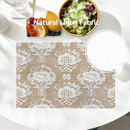 Batmerry Floral Linen Placemats Set of 8, Template White Lace Background Washable Table Mats for Kitchen Table Thickened Heat Insulation Dining Set Indoor Outdoor 12X18 in