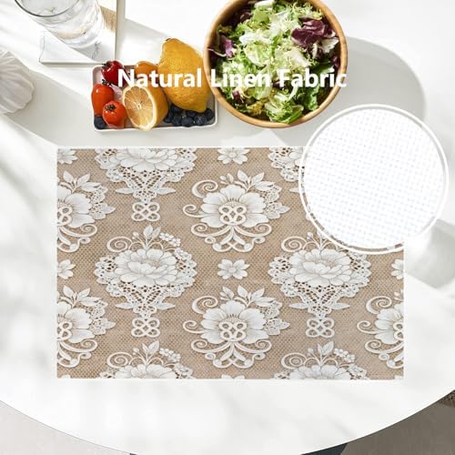 Batmerry Floral Linen Placemats Set of 4, Template White Lace Background Washable Table Mats for Kitchen Table Thickened Heat Insulation Dining Set Indoor Outdoor 12X18 in