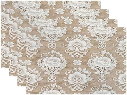 Batmerry Floral Linen Placemats Set of 4, Template White Lace Background Washable Table Mats for Kitchen Table Thickened Heat Insulation Dining Set Indoor Outdoor 12X18 in