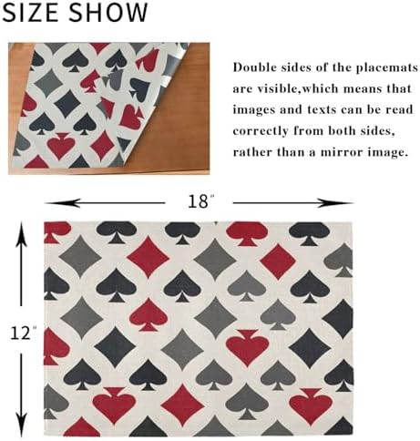 ALAZA Playing Card Suits in Red Black Pattern Set of 6 Placemats Rectangle Table Mat for Dining Table Restaurant Kitchen Home Decor, 12" x 18"