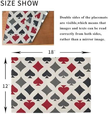 ALAZA Playing Card Suits in Red Black Pattern Set of 6 Placemats Rectangle Table Mat for Dining Table Restaurant Kitchen Home Decor, 12" x 18"