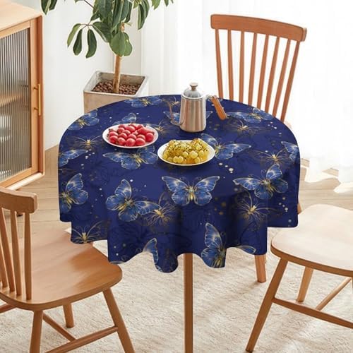 Retro Blue Butterfly Tablecloth, Luxury Golden Blue Butterfly Print Table Cover for Home Dining Decor Kitchen Party Outdoor, 60x60in