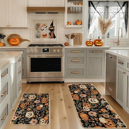 Baccessor Halloween Kitchen Rugs Set of 2, Spooky Pumpkin Floral Black Kitchen Mats Low-Profile Non Slip Washable Rugs for Floor Home Decor 17x29 and 17x47 Inch