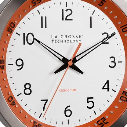 La Crosse Technology 404-87696-INT 10 inch Orange Chapter Ring Stainless Steel Atomic Analog Wall Clock