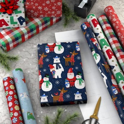 Hallmark Kids Christmas Wrapping Paper Rolls with Cutlines on Reverse (6 Rolls: 180 Sq. Ft. Total) Dinosaur, Unicorn, Flamingo, Koala