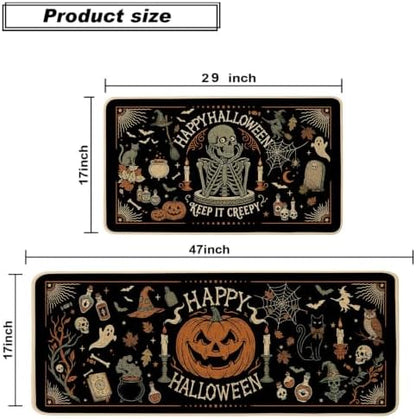 Baccessor Halloween Kitchen Rugs Set of 2, Vintage Skeleton Witch Black Kitchen Mats Low-Profile Non Slip Washable Rugs for Floor Home Decor 17x29 and 17x47 Inch
