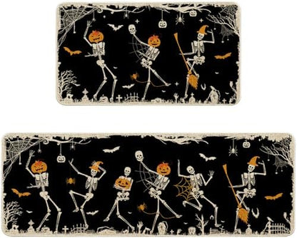 Halloween Kitchen Mat Decor, Skeleton Black Halloween Kitchen Rugs Set of 2