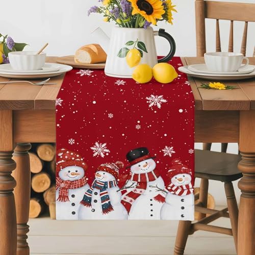 Christmas Snowman Red Table Runner Dresser Scarf 13 x 108 Inch Cute Xmas Snowman Snowflakes Winter Table Runners Non-Slip Heat Resistant Kitchen Dining Table Decor for Home Holidays Indoor Outdoor
