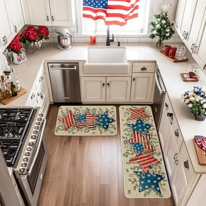 Artoid Mode American Flag Stars Eucalyptus Patriotic 4th of July Kitchen Mats Set of 2, Memorial Day Home Decor Kitchen Rugs for Floor - 17x29 and 17x47 Inch