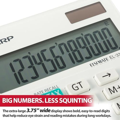 Sharp 12-Digit Dual Power Business Calculator, Extra-Large Fixed LCD Display, White Desktop Business Calculator, 6.6 x 4.4 Inches (EL-334WB)