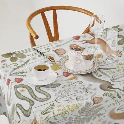 Country Forest Tablecloth, Wild Animal Hare Squirrel Owl Snake Snail Flowers Mushroom Table Cover for Tea Party Weddings Indoor Outdoor Dining 60x110in