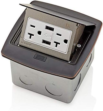Leviton Pop-Up Floor Box with Dual Type A, 3.6 USB Charger, 20 Amp Outlet, PFUS2-BZ, Bronze