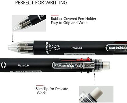 Baile Grip 5+1, 5 Color 0.7 mm Ballpoint Multi Pen & 0.5 mm Pencil With Eraser In Cap (BLACK)