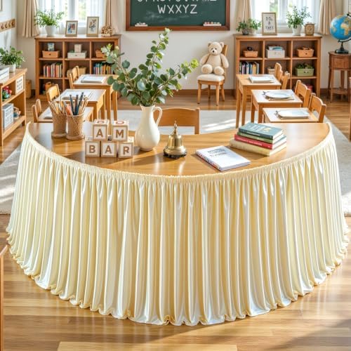Wish Care 17ft Champagne Satin Long Table Skirt for Rectangle Tables Wrinkle Free Teacher Desk Skirt Glitter Ruffle Table Skirting Cloth for Back to School Classroom Office Birthday Party Table Decor