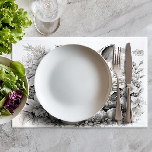 Batmerry Bunny with Eggs Flowers Linen Placemats Set of 6, A Bunny Surrounded By Eggs and Flowers Washable Table Mats for Kitchen Table Thickened Heat Insulation Dining Set Indoor Outdoor 12X18 in