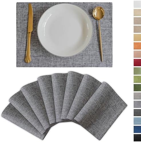 Demetex Grey Textured Linen Placemats Set of 8 Classic Place Mats Heat Resistant Cloth Table Placemat for Dinner Gathering Buffet, 13x19 inch, Ash Grey