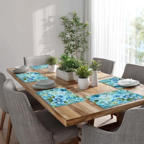 Batmerry Floral Light Blue Linen Placemats Set of 8, Blue Green Floral Washable Table Mats for Kitchen Table Thickened Heat Insulation Dining Set Indoor Outdoor 12X18 in