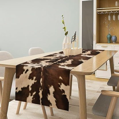 Cow Skin Print Table Runner, Western Rustic Cottage Country Farm Animal Fur Skin Pattern Black Cowhide Print Dinner Runner for Home Kitchen Dining Table Decoration 13"x108"