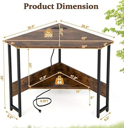 COSTWAY Corner Computer Desk, with USB Ports & Power Outlet, Storage Shelf for Small Space, Triangle Steel Frame Corner Desk for Home Office, Workstation (Rustic Brown)