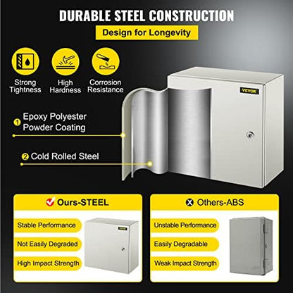 VEVOR NEMA Steel Enclosure, 16 x 16 x 8'' NEMA 4X Steel Electrical Box, IP66 Waterproof & Dustproof, Outdoor/Indoor Electrical Junction Box, with Mounting Plate