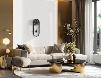 VERTA Modern Pendulum Wall Clock, Minimalist Black Iron Wall Clock with Gold Accents, Quartz Movement, Swinging Pendulum, 21.75″ Tall