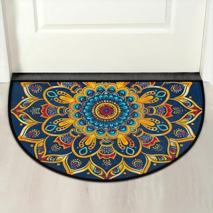 Pardick Boho Mandala Flower Half Round Door Mat, Non-Slip Welcome Indoor Entrance Way Rug Semi Circle Front Doormats Washable Bathroom Kitchen Floor Mat, Outdoor Rugs for Garage, Patio, Hearth Rug