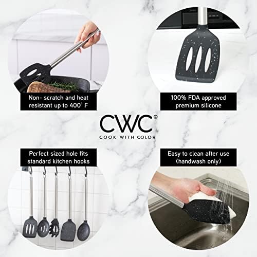 COOK WITH COLOR Silicone Cooking Utensils, Kitchen Utensil Set, Easy to Clean Silicone Kitchen Utensils, Cooking Utensils for Nonstick Cookware, Kitchen Gadgets Set, 5 Pieces, Speckled Black