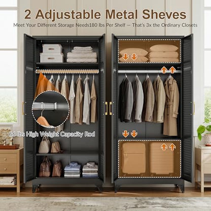 71" Louvered Black Metal Storage Cabinet with Doors and Shelves, Steel Armoire Wardrobe Closet with Sturdy Hanging Rod for Home Office Bedroom, 18" Deep