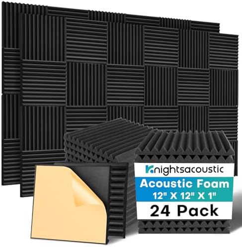 Knightsacoustic 24 Pack Sound Proof Foam Panels for Walls with Self Adhesive, 12x12x1 Acoustic Foam Panels, High Density Acoustic Panels Sound Absorbing, Fire Resistant Studio Sound Proofing Black
