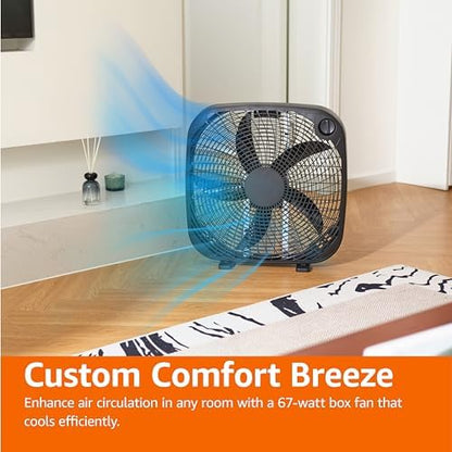 Amazon Basics 3-Speed Box Fan for Bedroom, Portable with Carry Handle, Powerful Airflow, 5 Blades, Lightweight Design, 67 Watts, 20-Inch, Black, 6.8"D x 20.86"W x 21.33"H