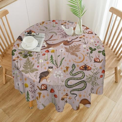 Rustic Forest Tablecloth, Pink Woodland Wild Animal Hare Squirrel Owl Snail Flowers Mushroom Table Cloth for Home Kitchen Dining Outdoor Patio Wedding Decor, 70x70in