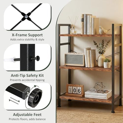 3 Tier Bookshelf, Free Standing Bookcase with Open Storage Shelves