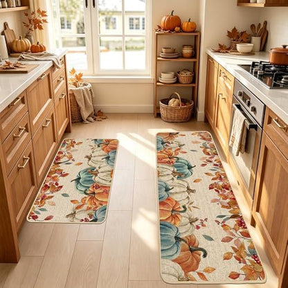 Baccessor Fall Kitchen Rugs Set of 2, Blue Pumpkin Leaves Kitchen Mats for Floor Washable Low-Profile Farmhouse Autumn Holiday Home Indoor Outdoor Decor 17x29 and 17x47 Inch
