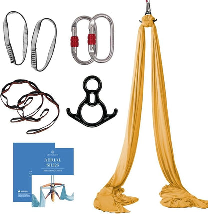 Aerial Silks Starter Kit - Durable 9 Yards of Aerial Yoga Hammock with Hardware & Guide - Aerial Swing for Acrobatic Flying Yoga & All Levels (Aerial Rigging Point Up to 13ft)