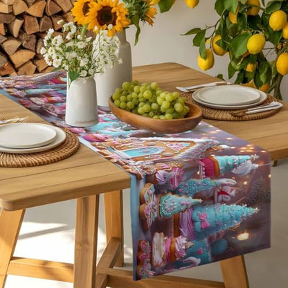 Christmas Table Runner Dresser Scarf 13 x 36 Inch Gingerbread House Gingerbread Man Cake Candy Table Runners Non-Slip Heat Resistant Kitchen Dining Table Decor for Home Holidays Indoor Outdoor