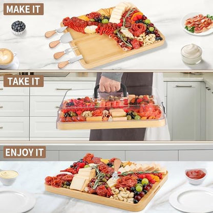 CAWIU Large Charcuterie Board with Lid, Portable Cheese Board & Snack Tray