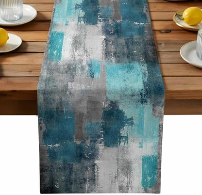 Teal Grey Abstract Art Table Runner Dresser Scarf 13 x 72 Inch Modern Turquoise Color Block Graffiti Table Runners Non-Slip Heat Resistant Kitchen Dining Table Decor for Home Holidays Indoor Outdoor
