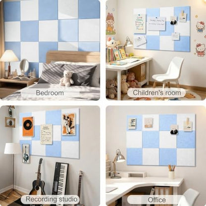 0.47" Thick Felt Pin Board 36"x24" Large Cork Board Alternative 6 Pack 11.81"x11.81"Felt Bulletin Board Wall Tiles Notice Board with 30 Pushpins for Home Office School(Light Blue&White)
