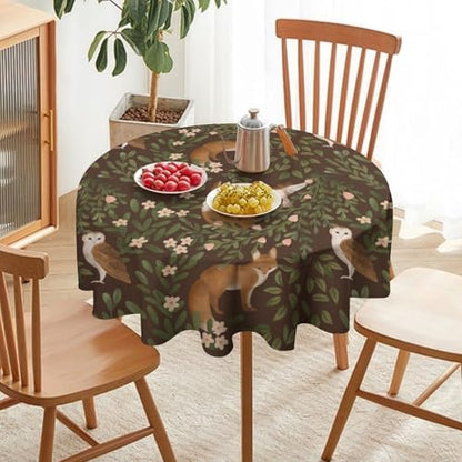 Woodland Animals Tablecloth, Rustic Forest Fox Owl Bird Green Plants Leaves Print Table Cover for Farmhouse Kitchen Dinning Indoor Outdoor Party Decor, 60x60in